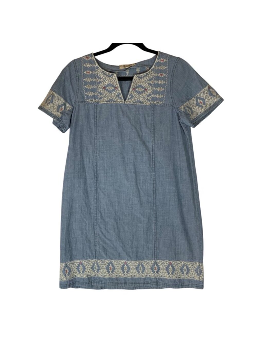 Madewell Blue Embroidered Denim Shift Dress Size Small Blue Cotton Short Sleeve